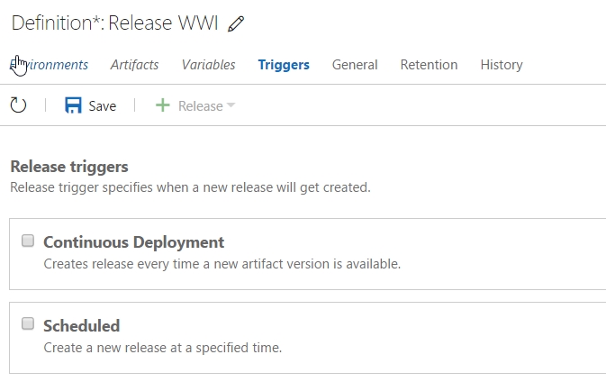 On the Definition*.Release WWI page, the Triggers tab is selected. Under Release triggers, both check boxes are cleared for Continuous Deployment and Scheduled.